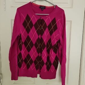 Lands' End Pink and Brown Argyle Cardigan